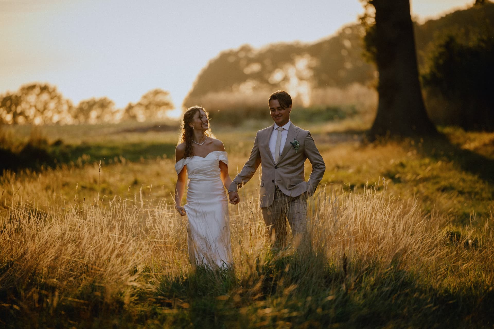 A newly married couple walking through a Danish meadow in golden evening light