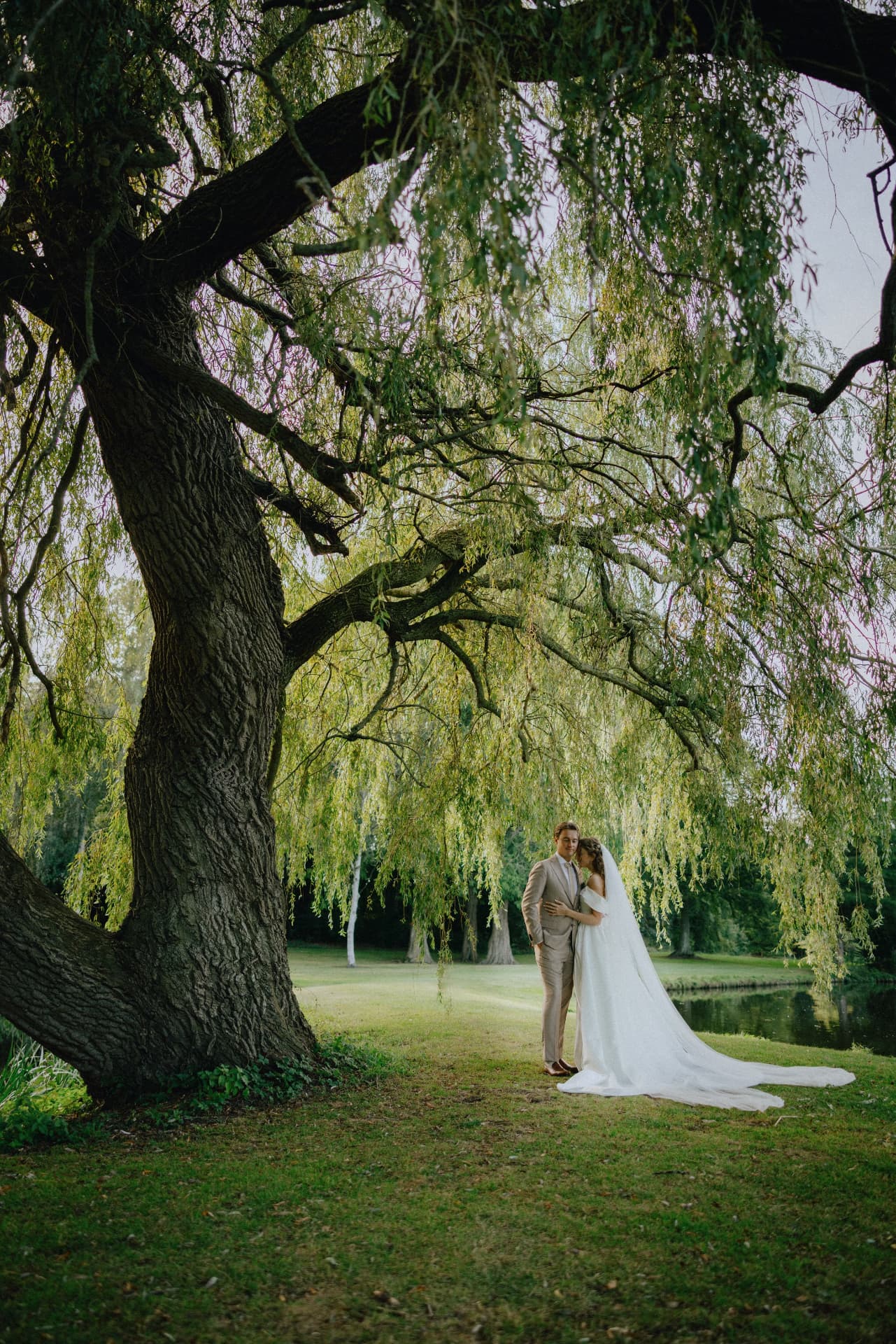 A newly married couple beneath a willow tree in a Danish garden