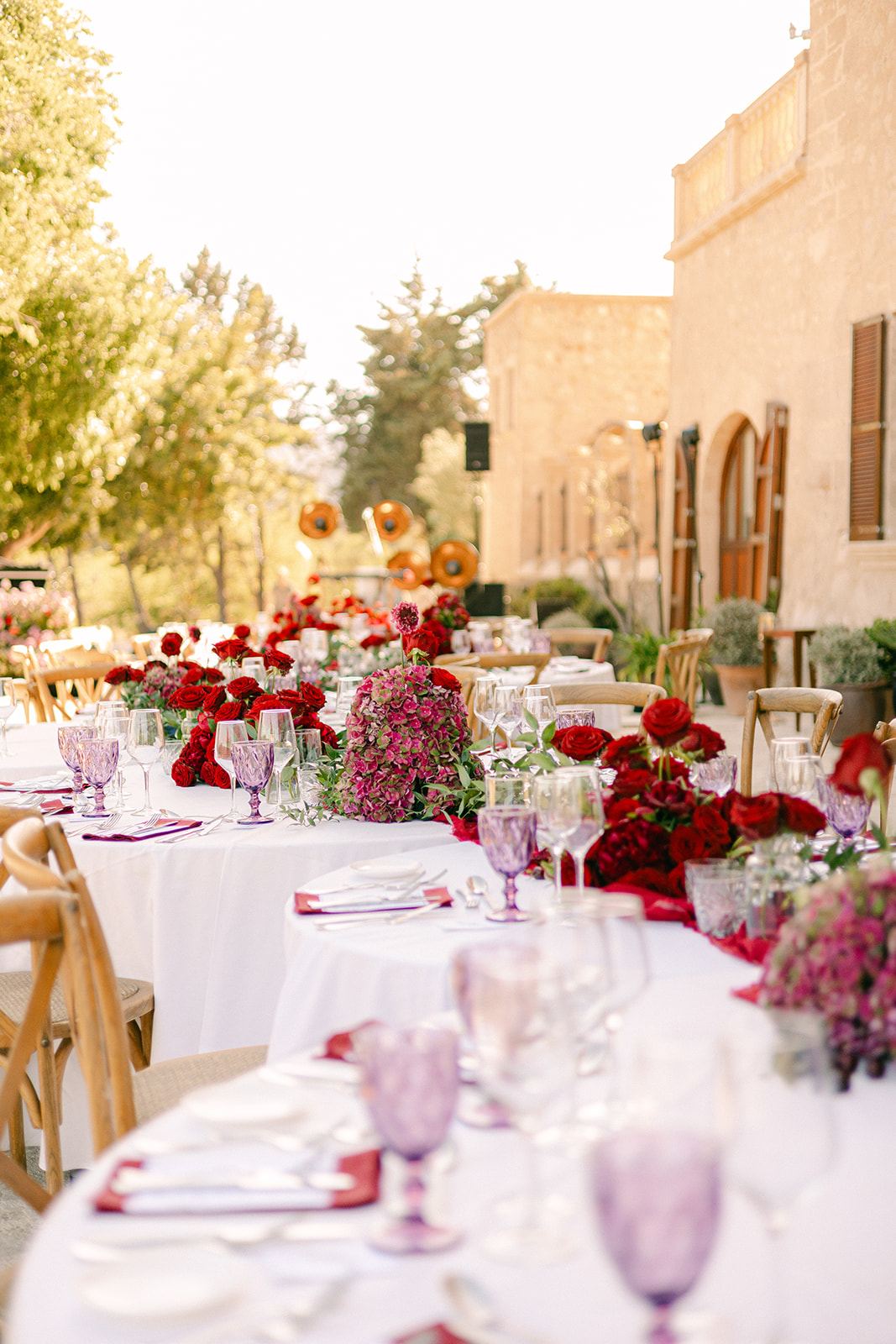 Golden hour at a Mallorcan finca during a wedding celebration