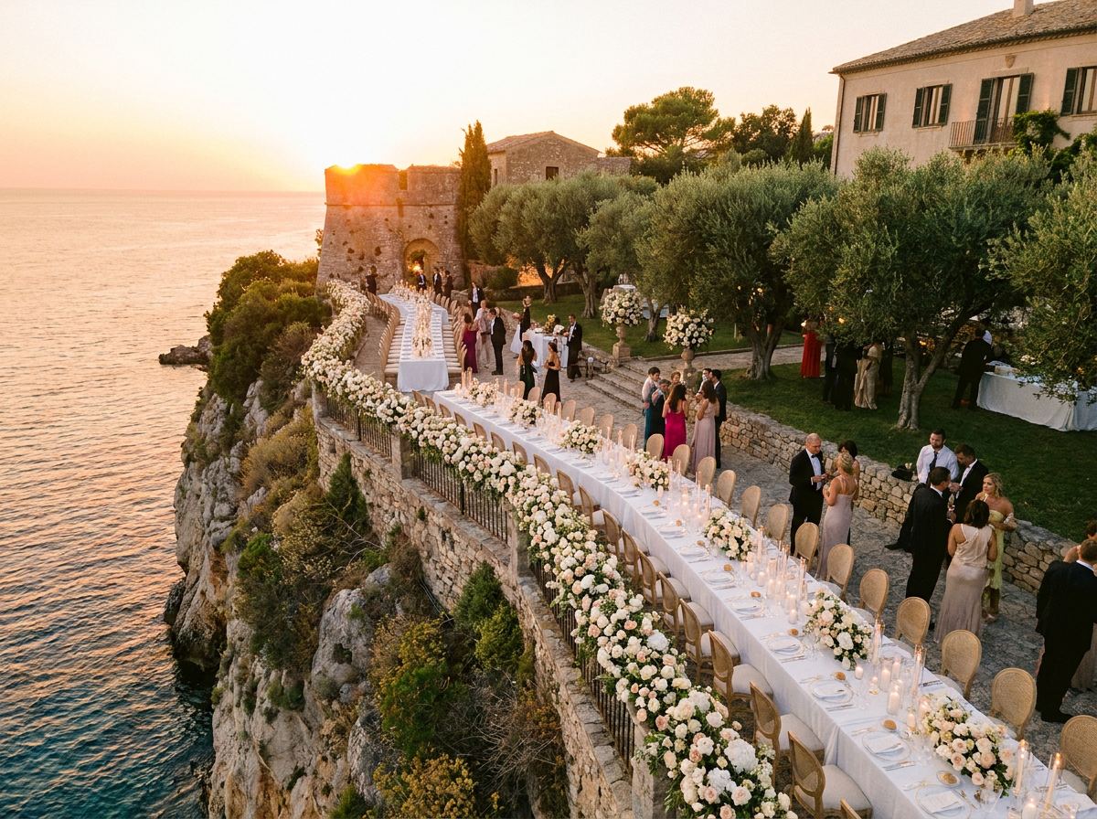 Luxury destination wedding reception at sunset overlooking the sea